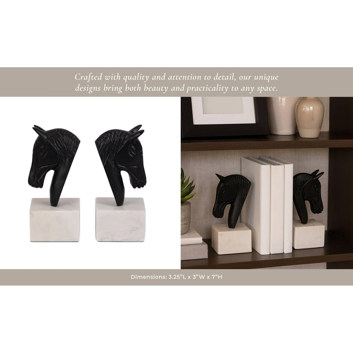 Bookends Set of 2 - White/Black Metal Horse Head, 7 in.