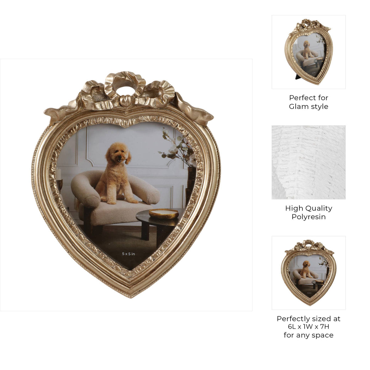 Photo Frame - Gold Polyresin Coquette Heart, 5x5 in.