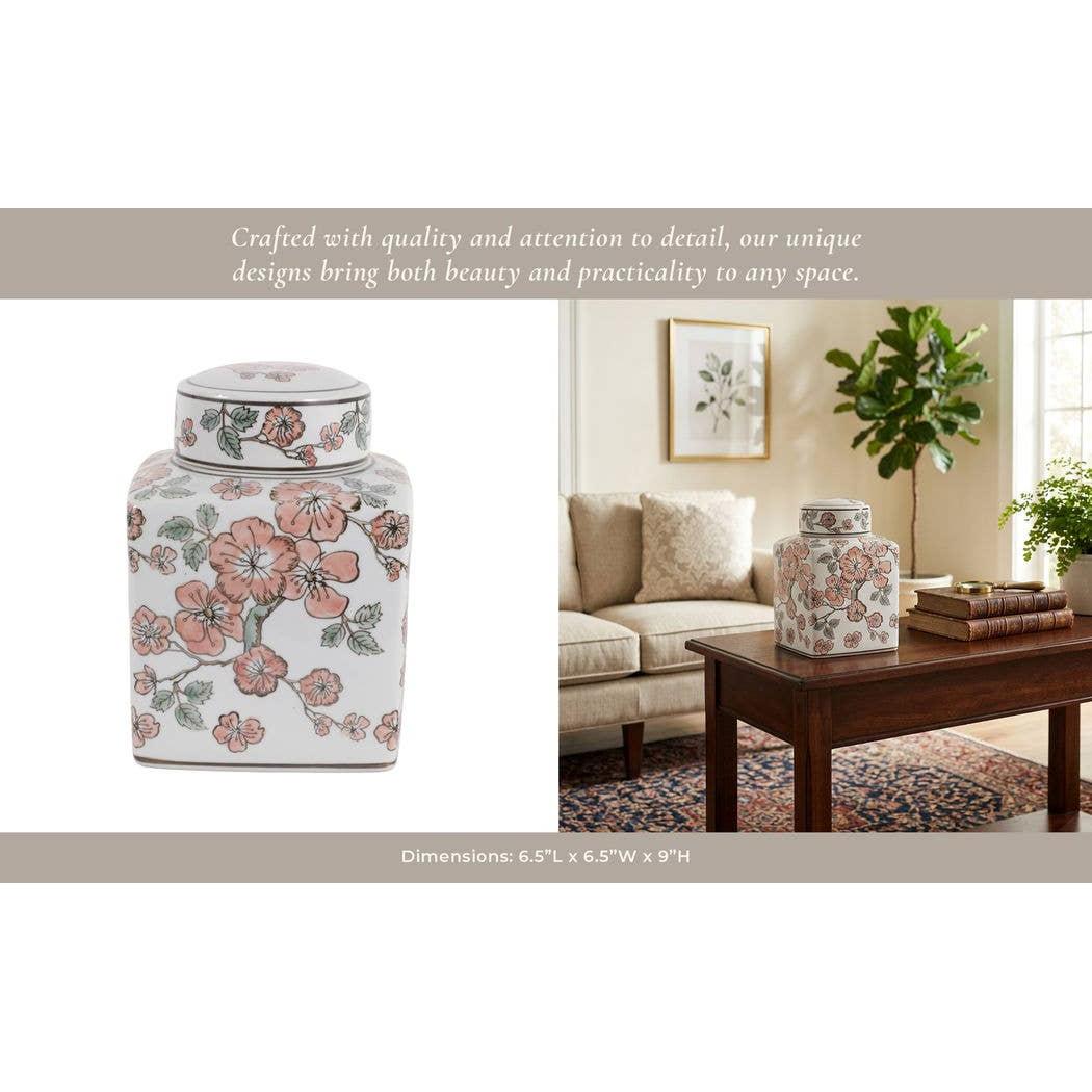 White and Pink Cherry Blossom Ceramic Jar, 9 in.
