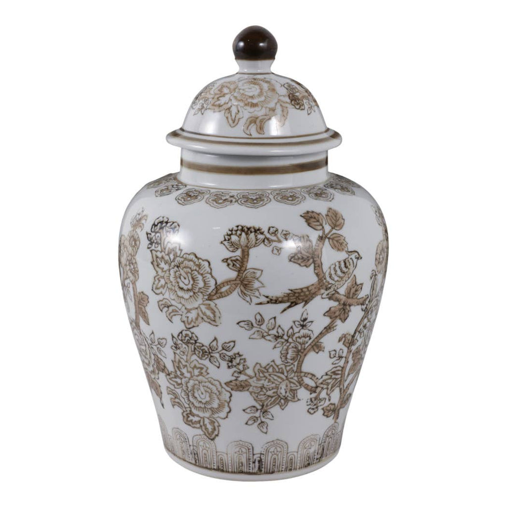 Temple Jar - Brown/White Ceramic Chinoiserie Bird, 12 in.