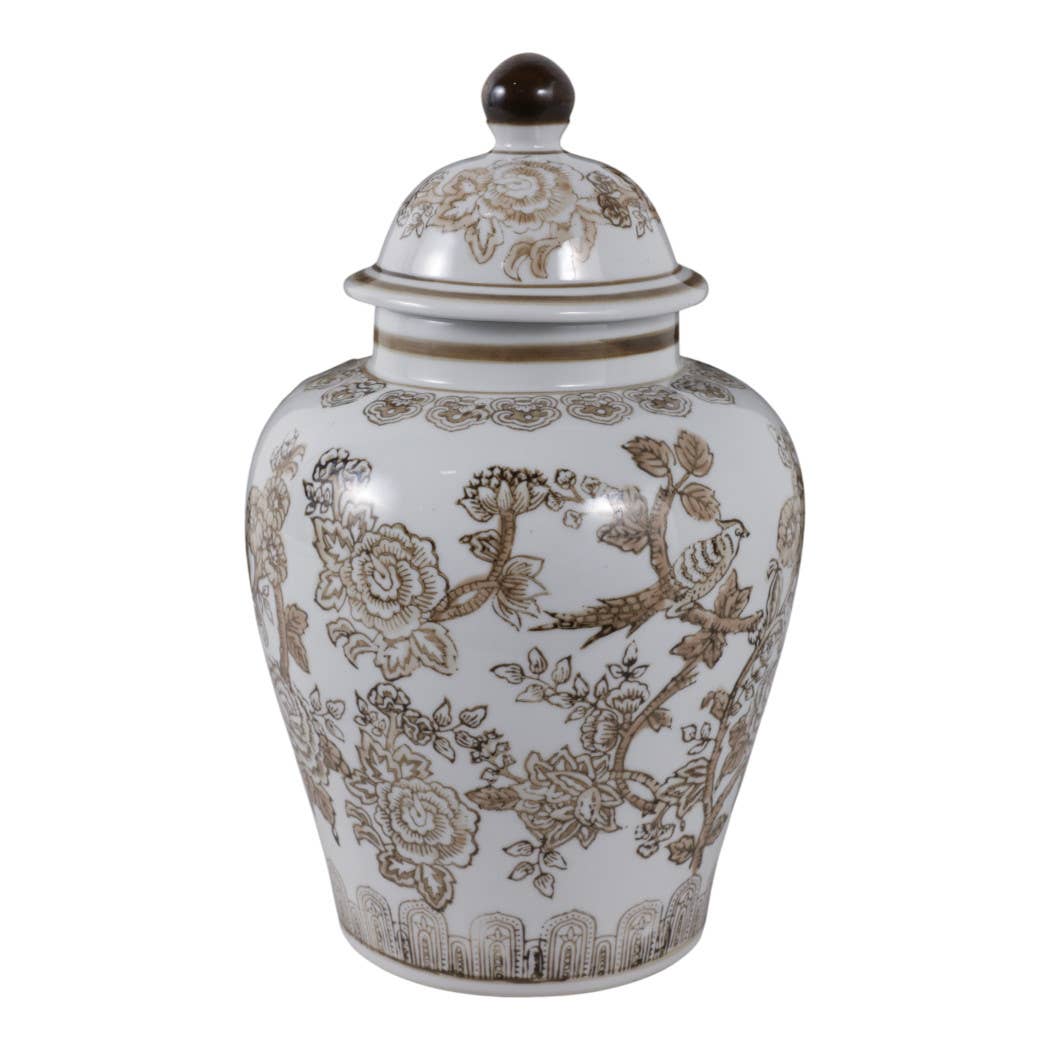 Temple Jar - Brown/White Ceramic Chinoiserie Bird, 12 in.