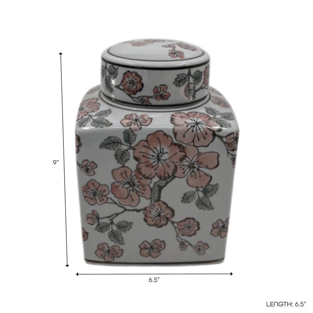White and Pink Cherry Blossom Ceramic Jar, 9 in.
