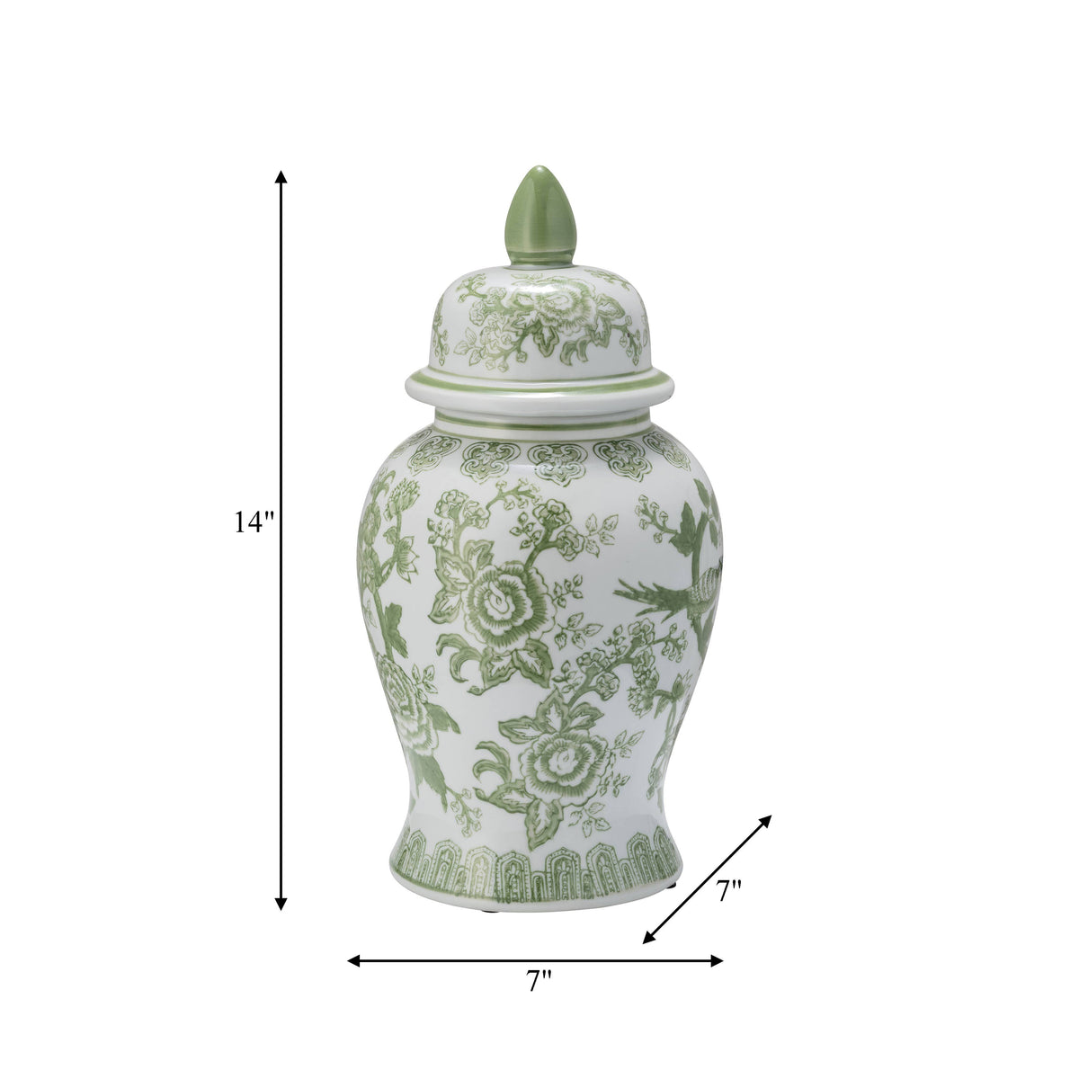 Green and White Round Floral Chinoiserie Jar, 14 in.