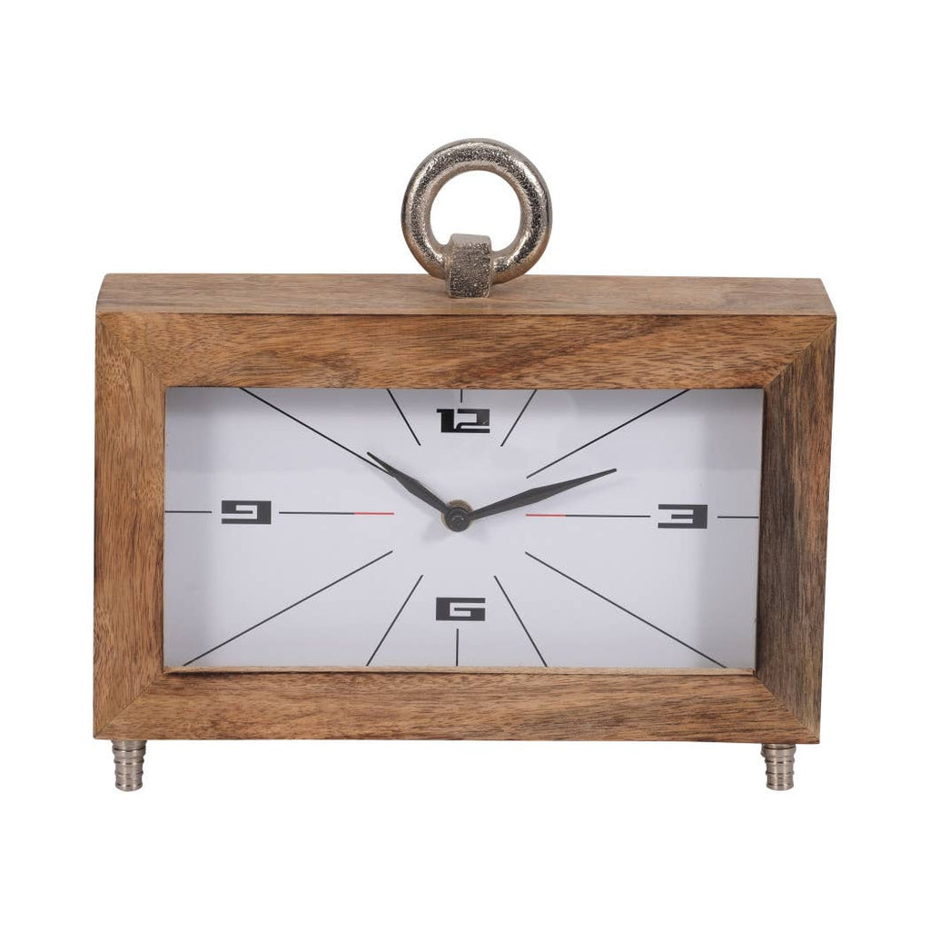 Table Clock - Brown Wood Rectangular with Ring, 10 in.