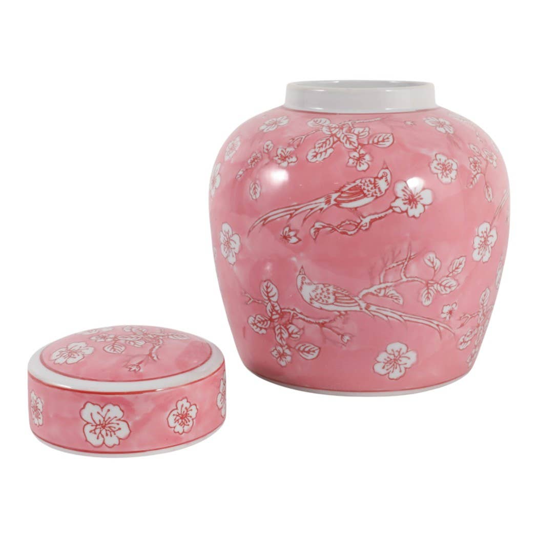 Decorative Jar - Pink Ceramic Chinoiserie with Lid, 10 in.