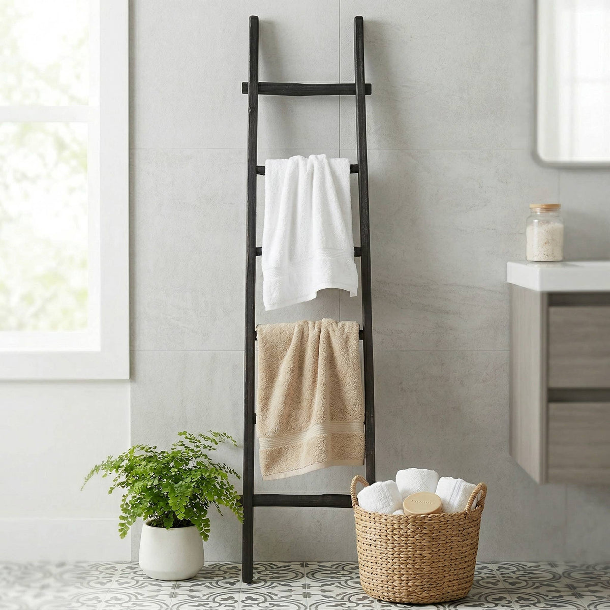 Wood Freestanding Decorative Blanket Ladder - Black, 76 in.