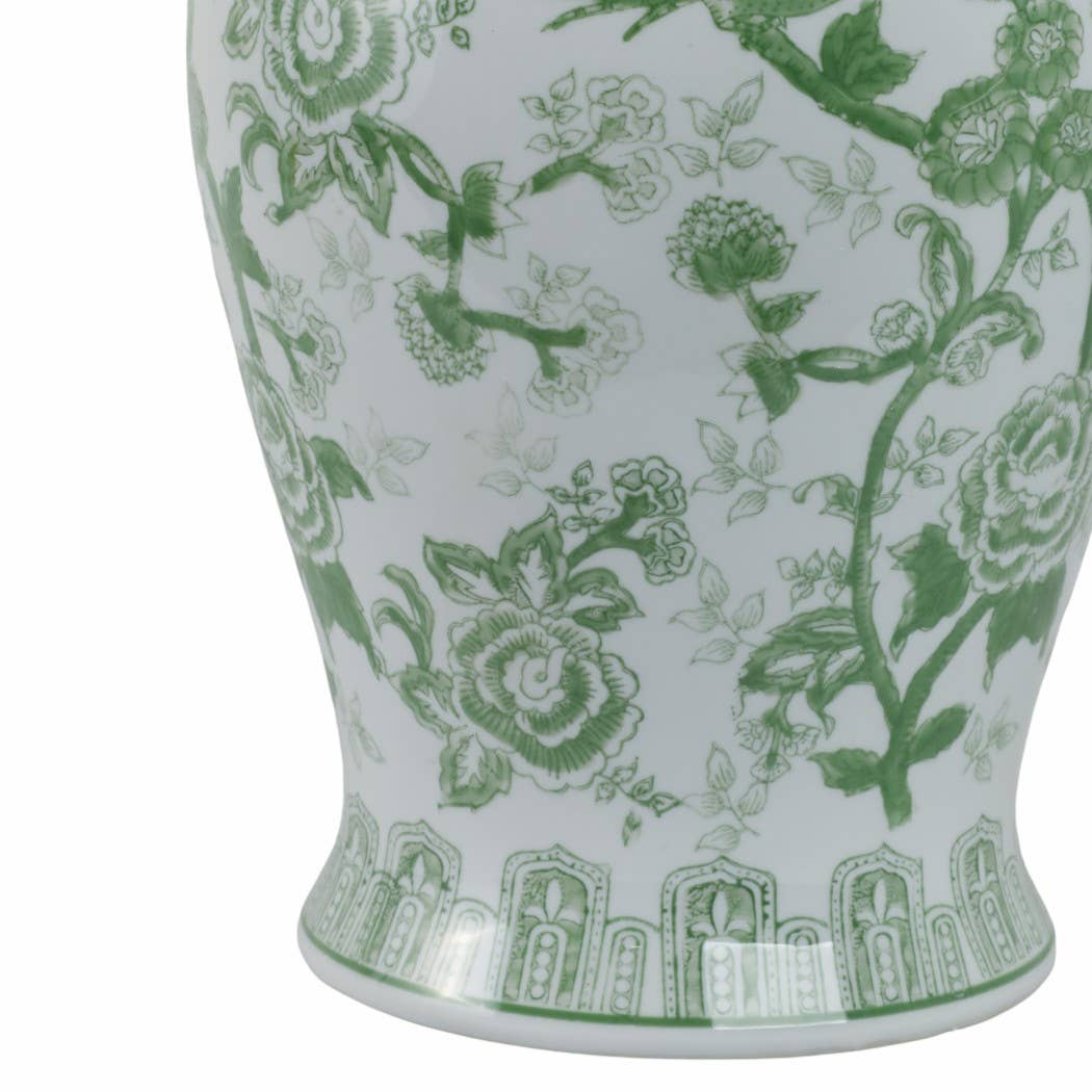 Green Tall Bird and Flower Ceramic Jar, 18 in.