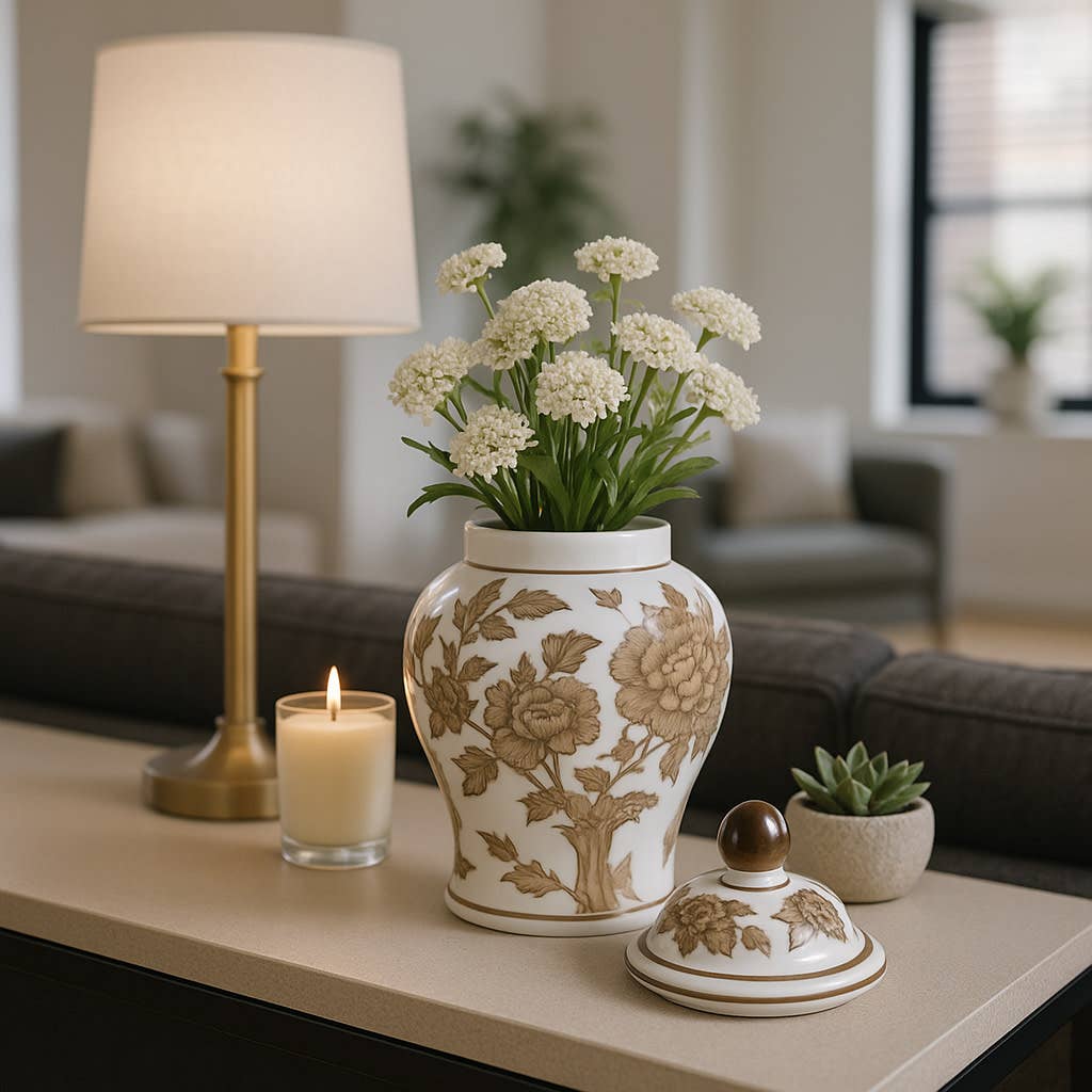 Decorative Vase - Brown & White Ceramic Jar with Lid, 8 in.