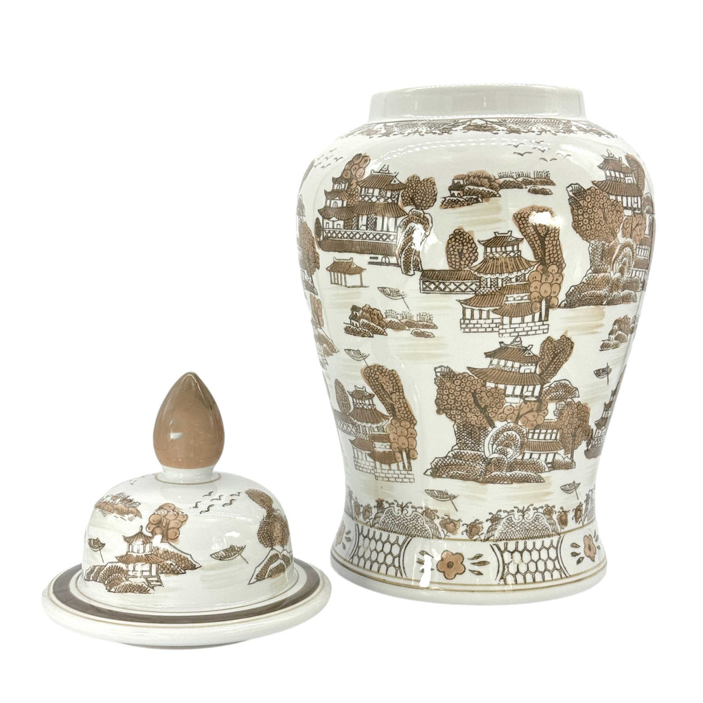 Brown & White Landscape Chinoiserie Ceramic Jar 25"