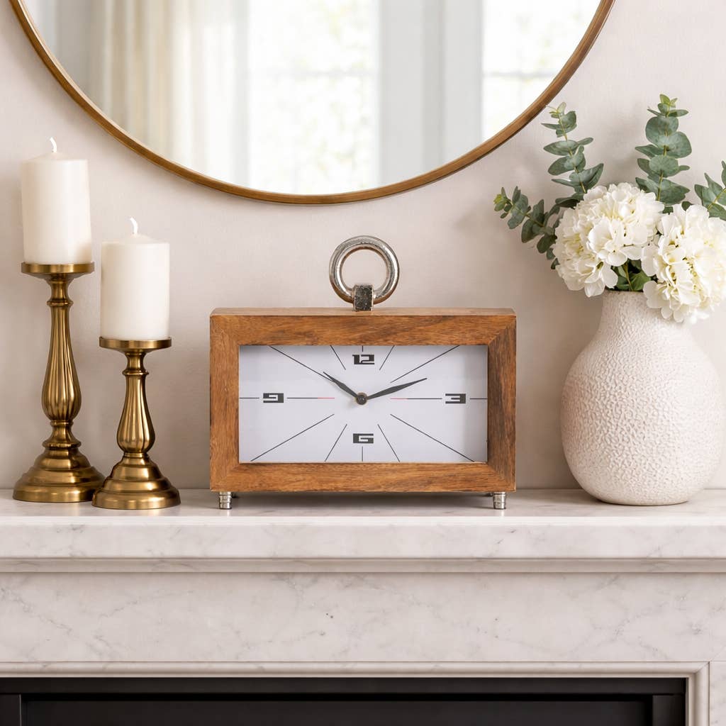 Table Clock - Brown Wood Rectangular with Ring, 10 in.