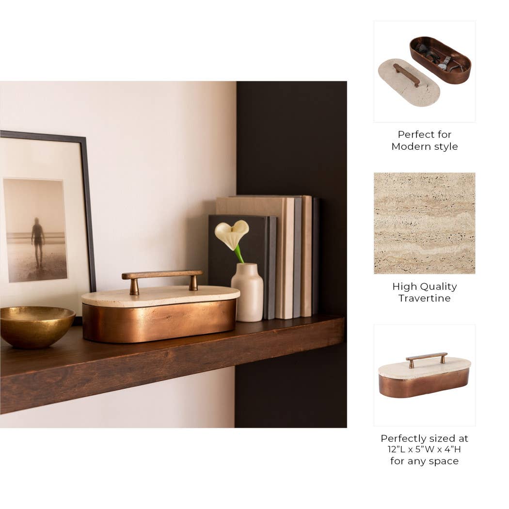 Decorative Box - Tan/Bronze Travertine Oval with Lid, 12 in.