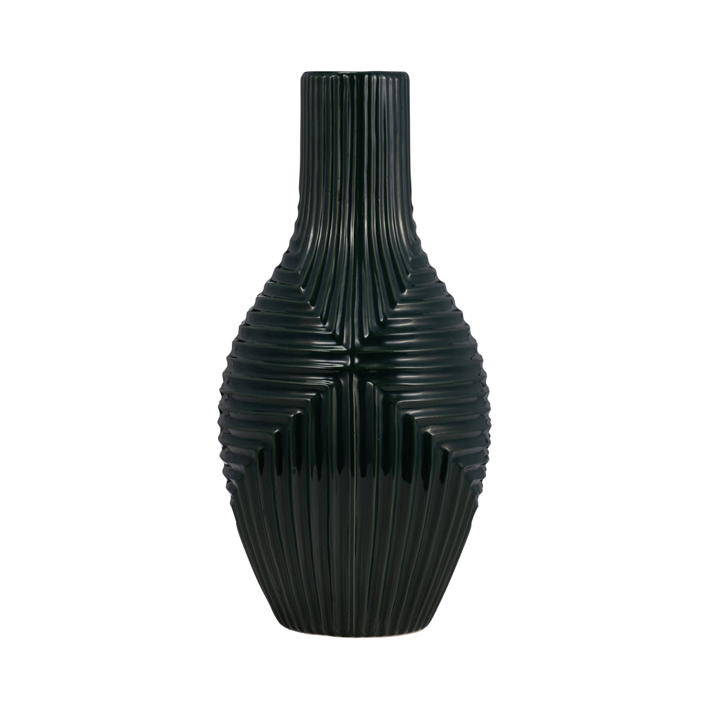 Forest Green Tribal Ribbed Ceramic Vase, 16 in.