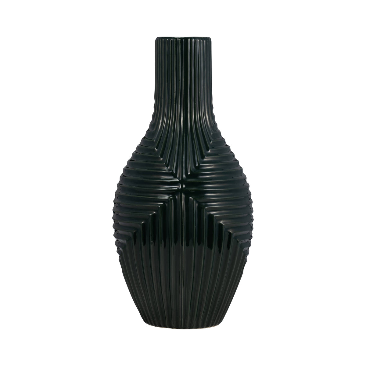 Forest Green Tribal Ribbed Ceramic Vase, 16 in.