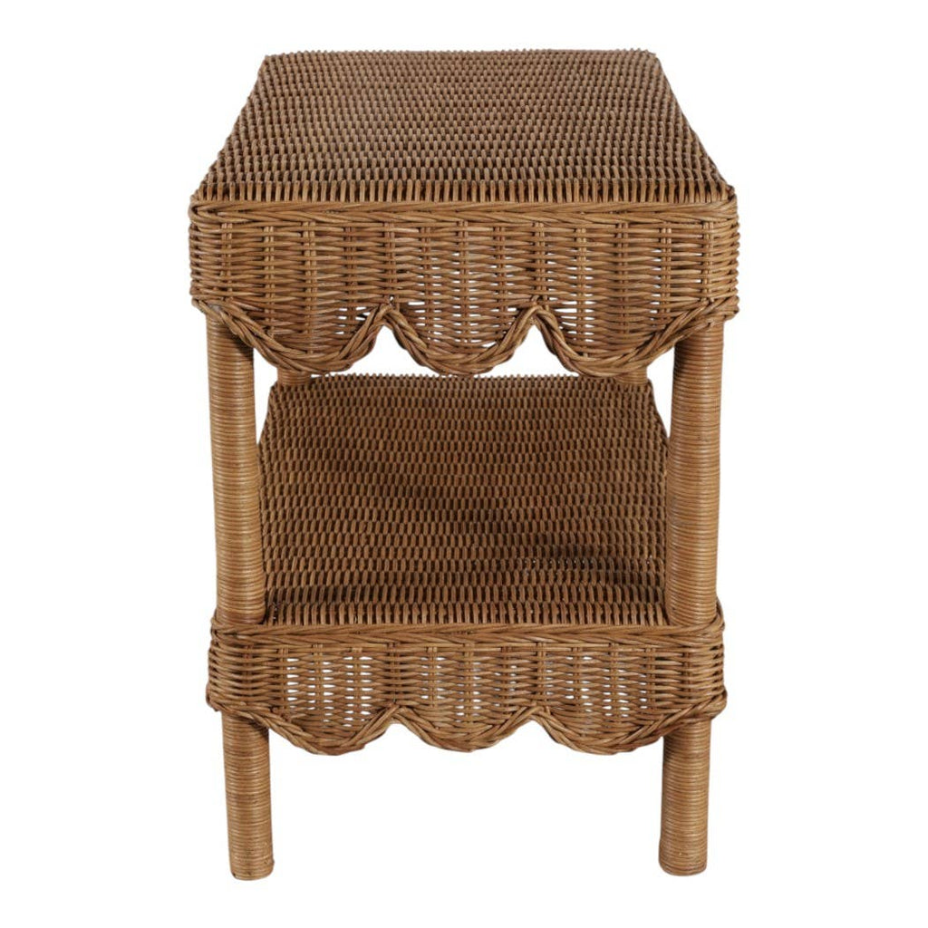 Side Table - Tan/Brown Wicker with Scalloped Edges, 19 in.