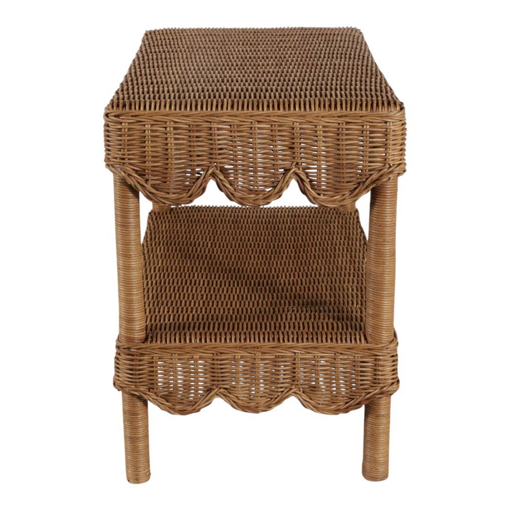 Side Table - Tan/Brown Wicker with Scalloped Edges, 19 in.