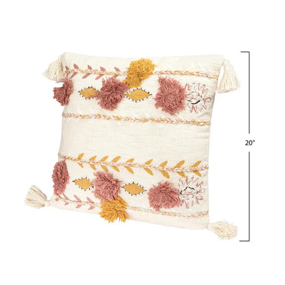Cotton Embroidered Pillow w/ Tassels & Applique, Polyester Fill