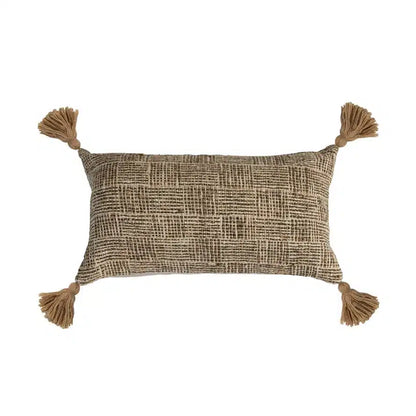 Woven Cotton Blend Lumbar Pillow with Tassels & Chambray Back