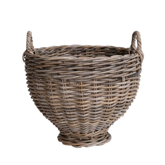 Hand-Woven Rattan Footed Basket w/ Handles, Natural