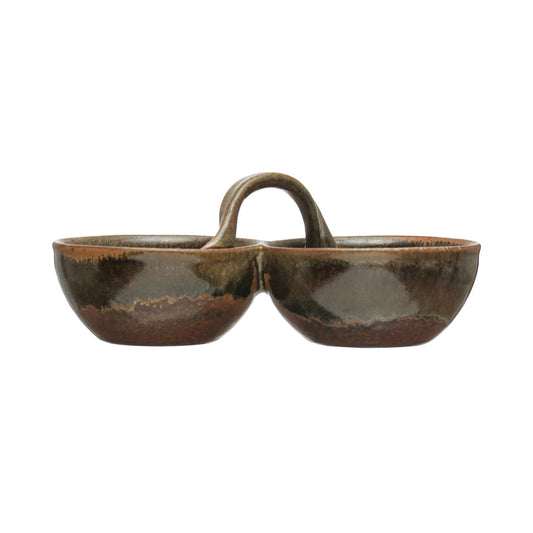 Stoneware Dish w/ 2 Sections & Handle, Reactive Glaze, Brown (Each One Will Vary)