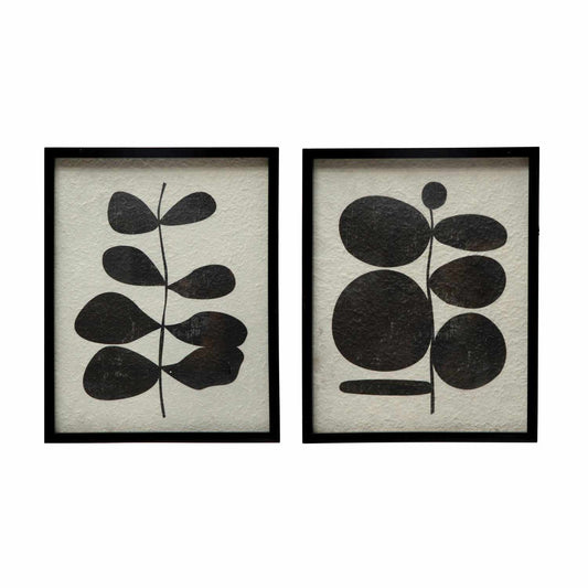 Wood Framed Glass Wall Décor w/ Abstract Botanical, Black & White, 2 Styles