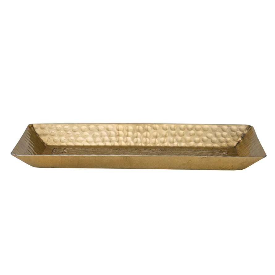 Decorative Hammered Aluminum Tray w/ Stamped Design, Gold Finish