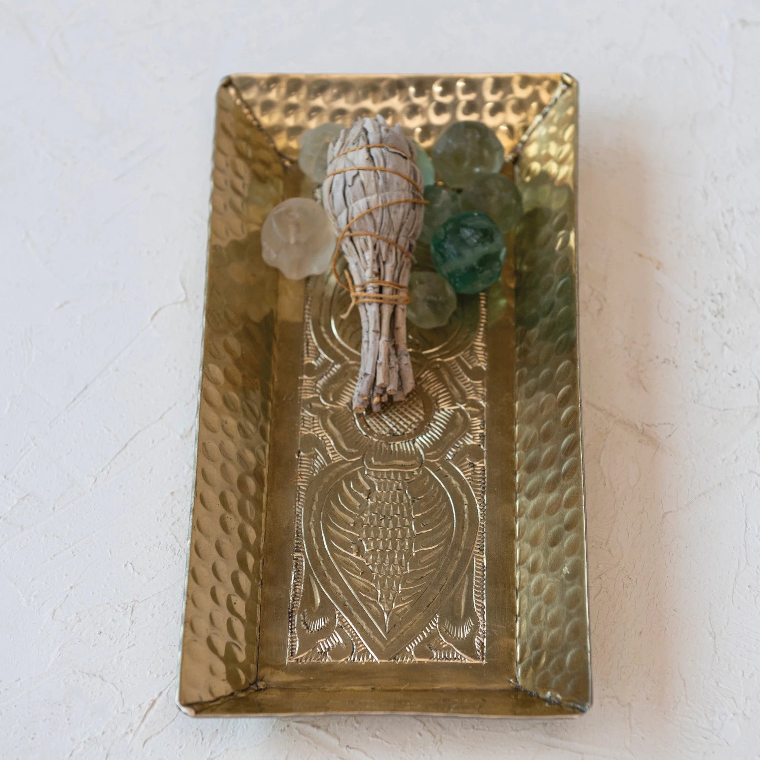 Decorative Hammered Aluminum Tray w/ Stamped Design, Gold Finish