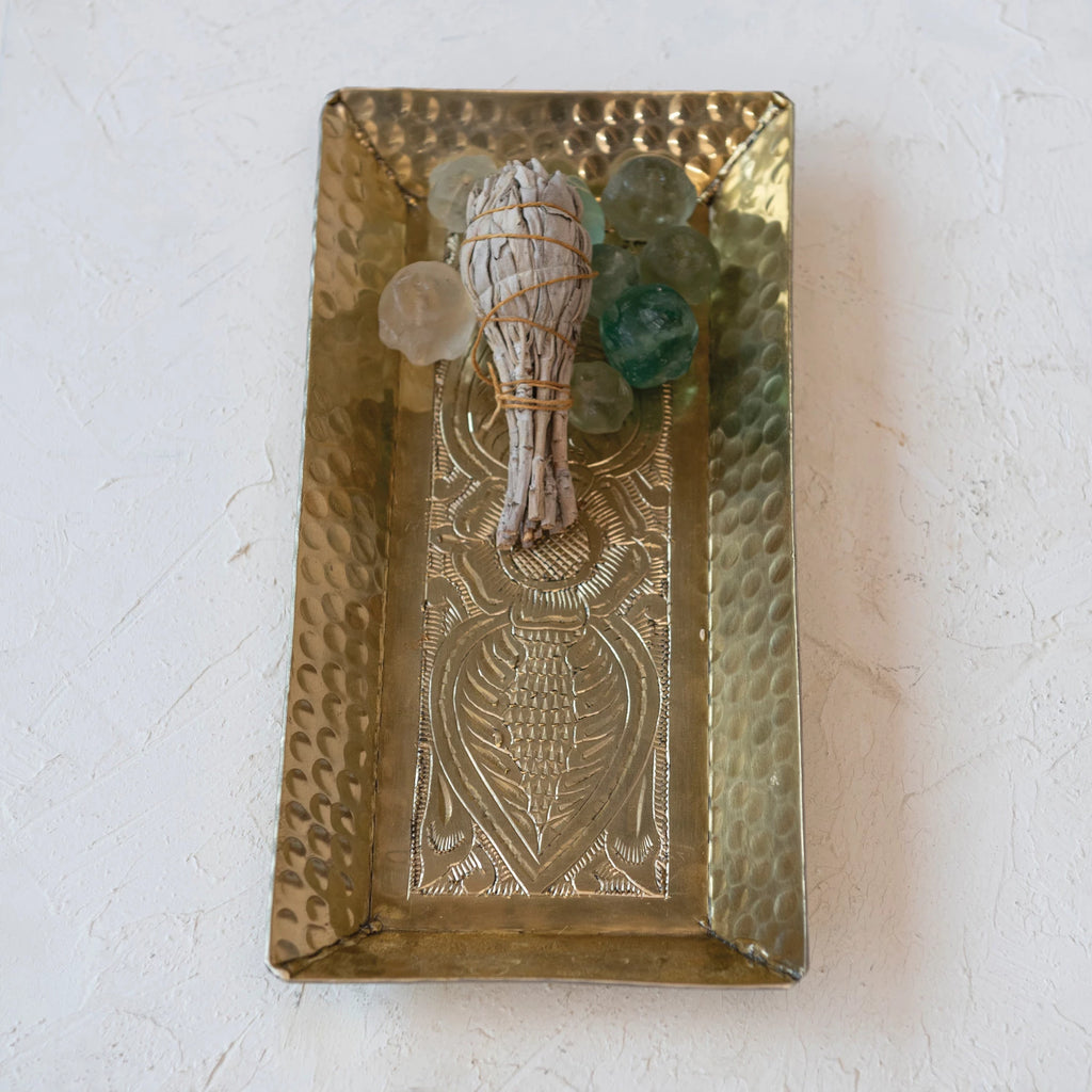 Decorative Hammered Aluminum Tray w/ Stamped Design, Gold Finish