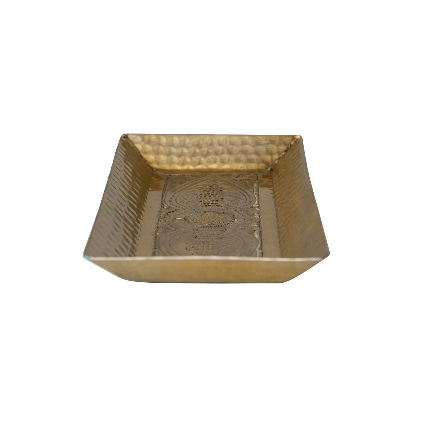Decorative Hammered Aluminum Tray w/ Stamped Design, Gold Finish