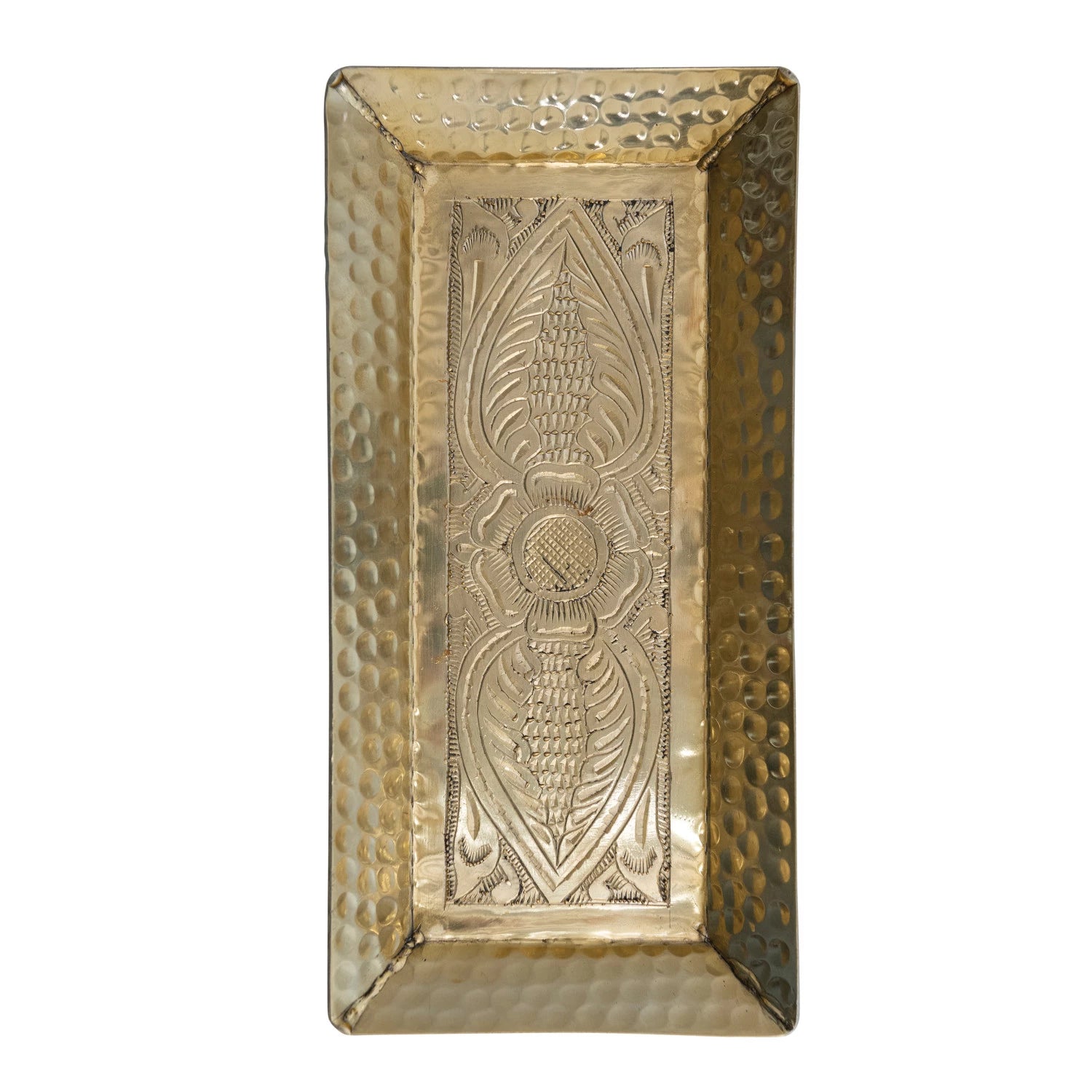 Decorative Hammered Aluminum Tray w/ Stamped Design, Gold Finish