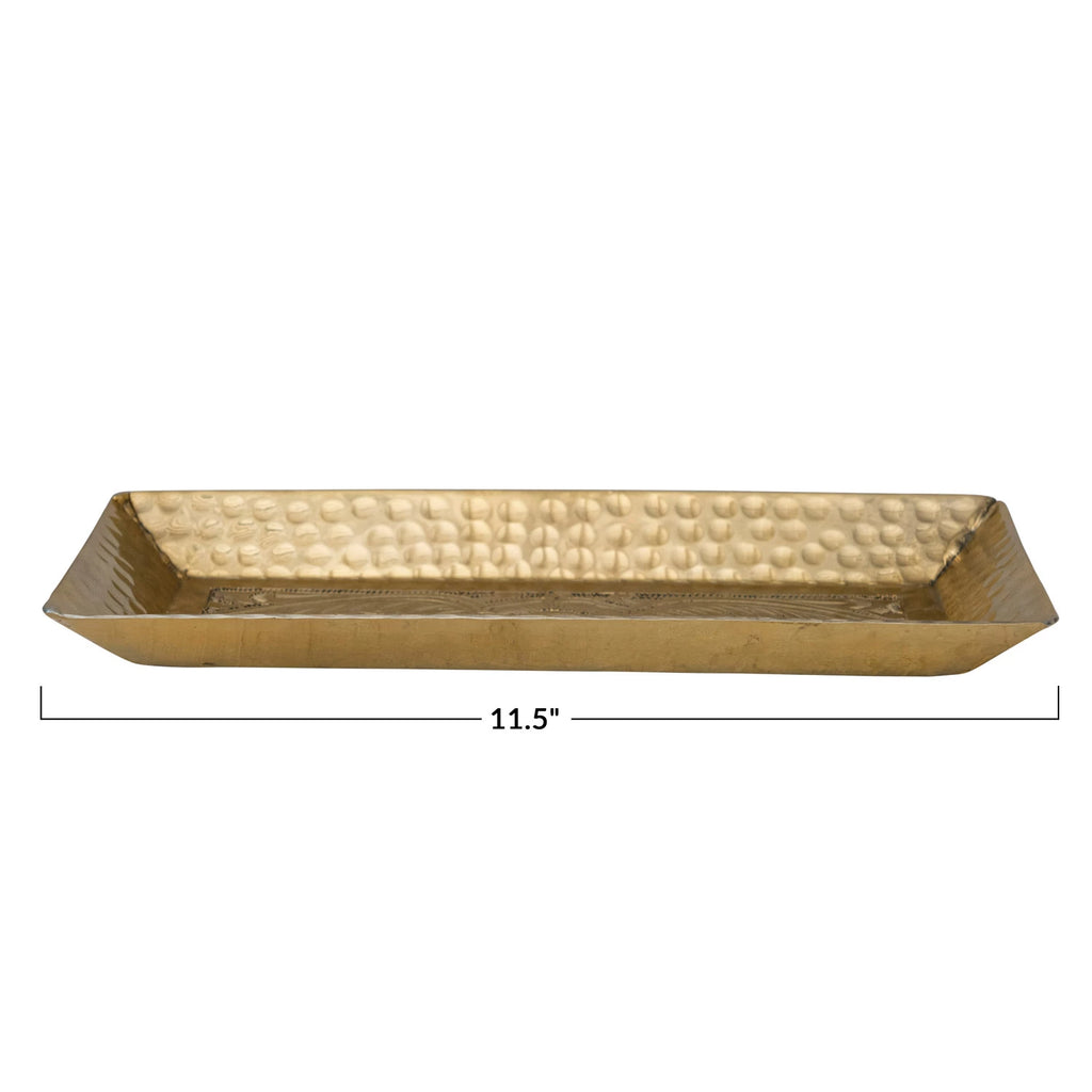 Decorative Hammered Aluminum Tray w/ Stamped Design, Gold Finish