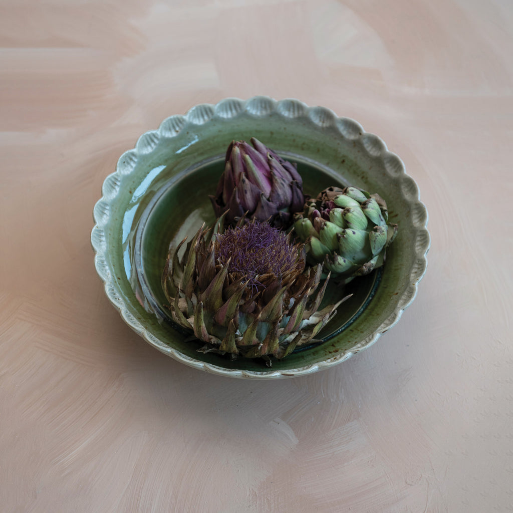 Green Scalloped Stoneware Bowl