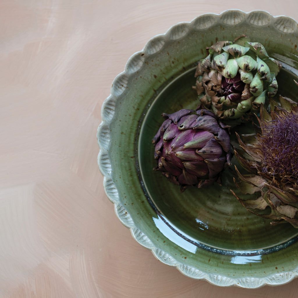 Green Scalloped Stoneware Bowl