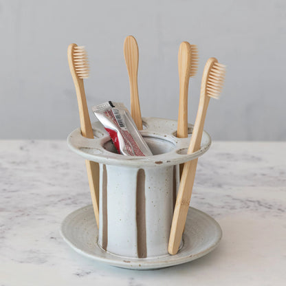 Stoneware Toothbrush Holder w/ Debossed Stripes, Reactive Glaze In Stock