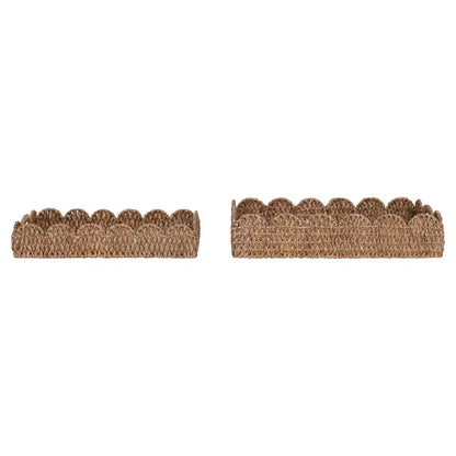 Decorative Braided Bankuan Trays w/ Handles & Scalloped Edge, Set of 2