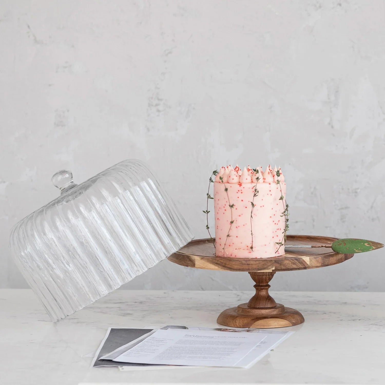 Acacia Wood Pedestal Cake Stand w/ Fluted Glass Cloche | Bridal Shower Sydnee Allen and Richard Busby