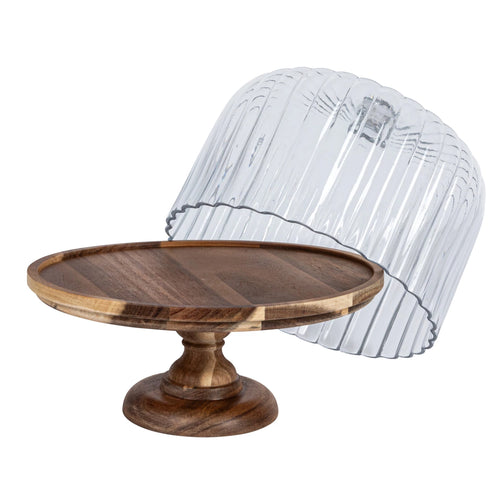 Acacia Wood Pedestal Cake Stand w/ Fluted Glass Cloche