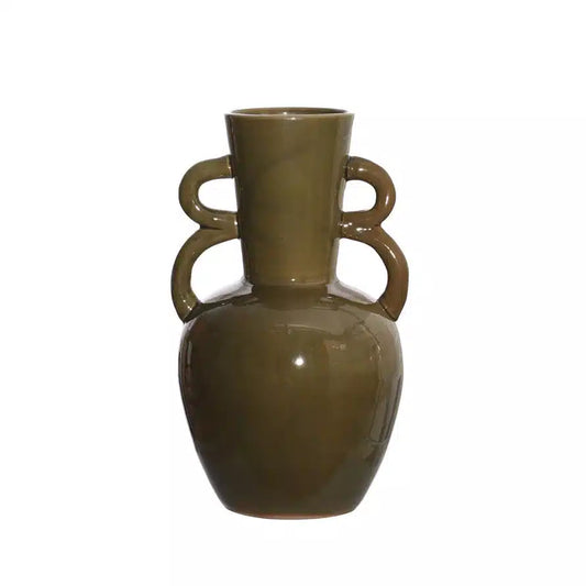Stoneware Vase w/ Handles, Olive Green