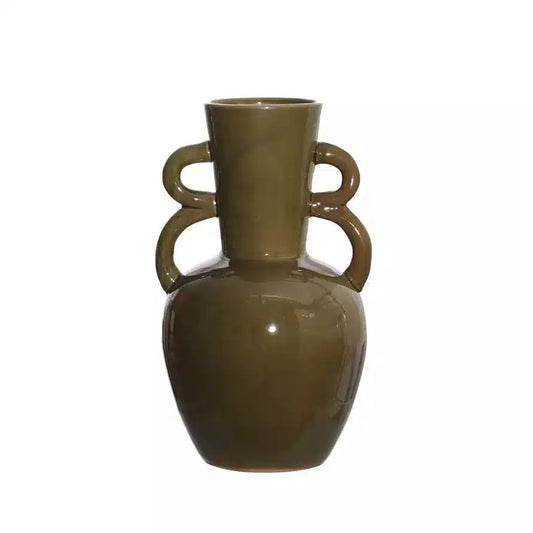 Stoneware Vase w/ Handles, Olive Green | Bridal Shower Paige Estes & Levi Harville