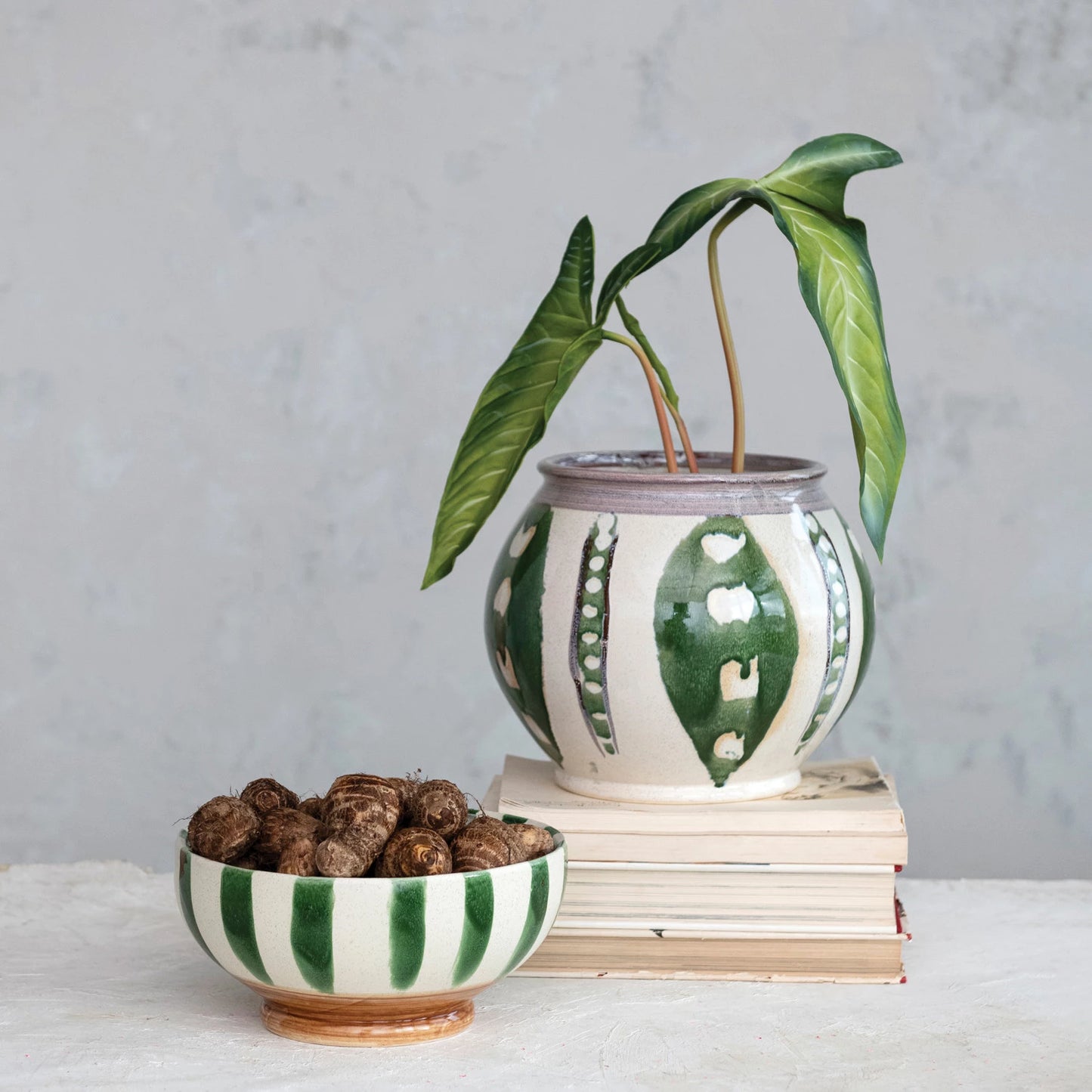 Hand-Painted Stoneware Footed Bowl w/ Stripes