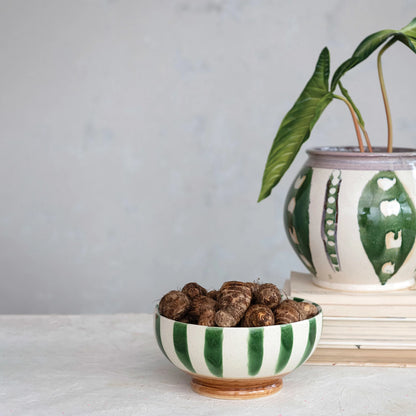 Hand-Painted Stoneware Footed Bowl w/ Stripes