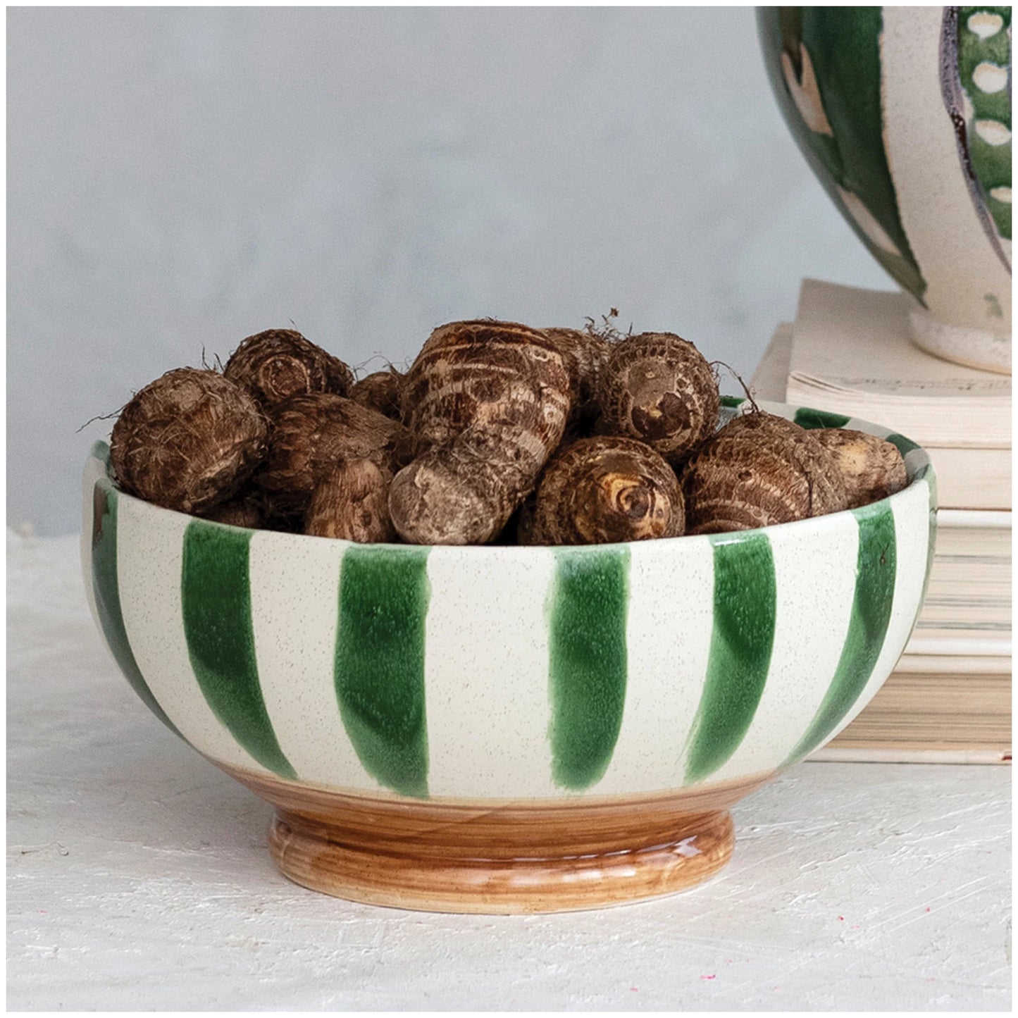 Hand-Painted Stoneware Footed Bowl w/ Stripes