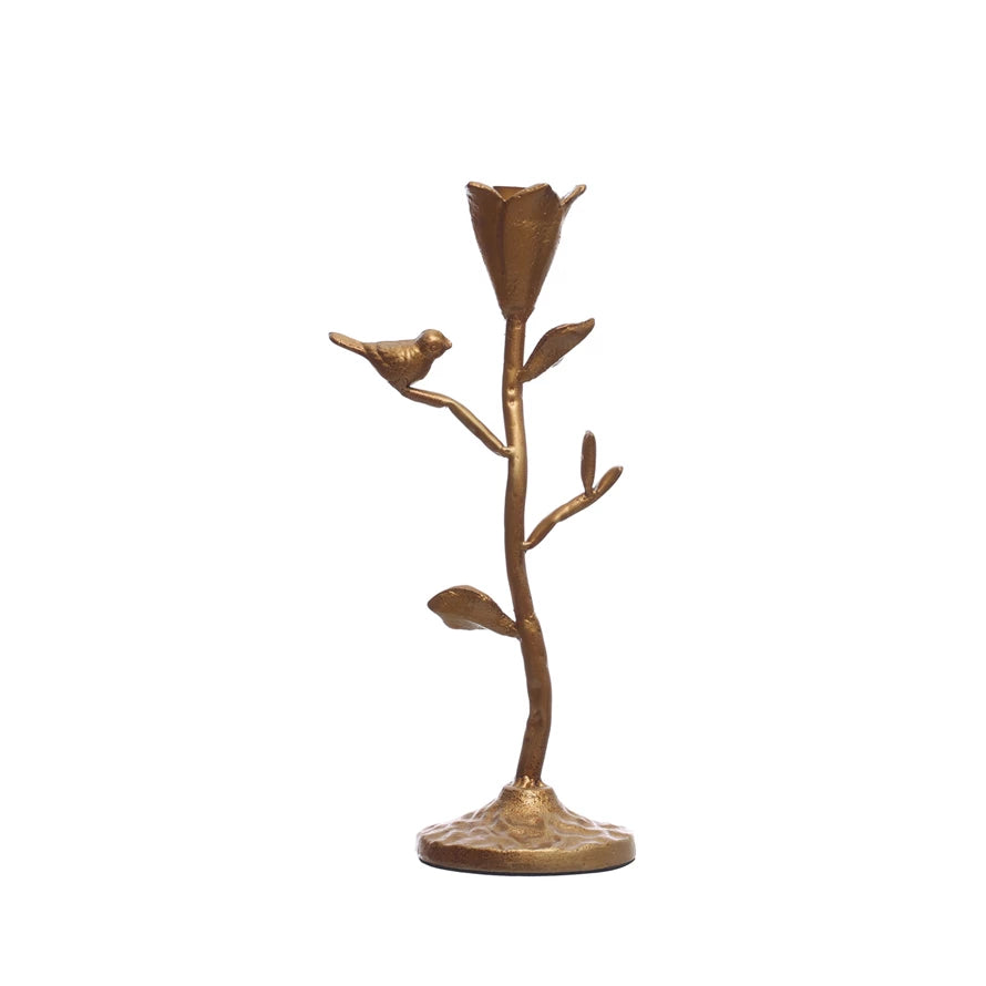Hand-Forged Cast Iron Candelabra w/ Flowers & Bird