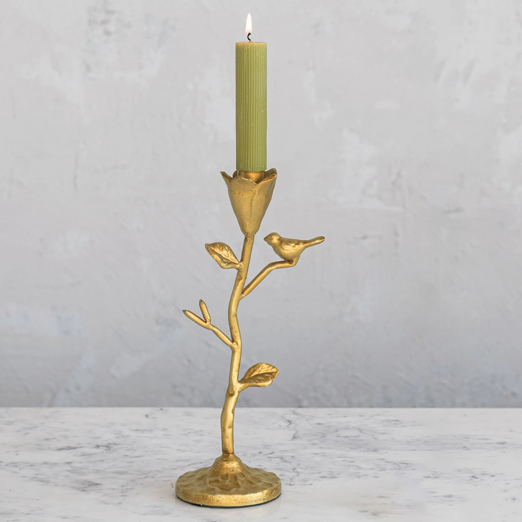 Hand-Forged Cast Iron Candelabra w/ Flowers & Bird