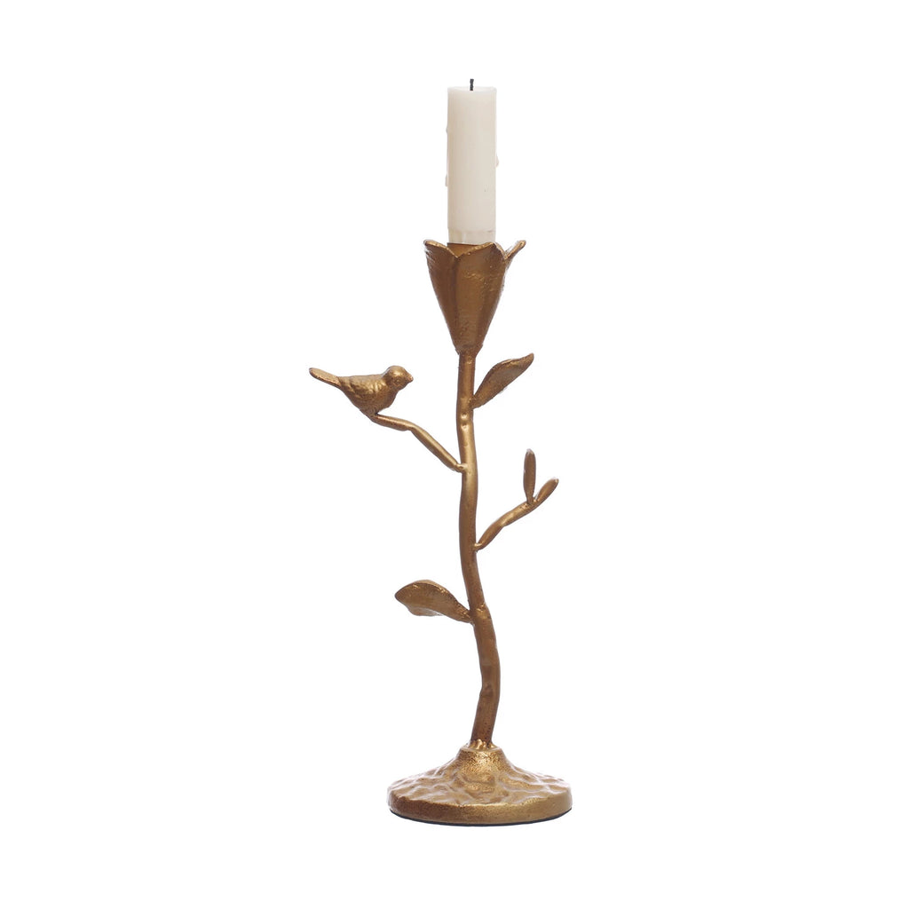 Hand-Forged Cast Iron Candelabra w/ Flowers & Bird