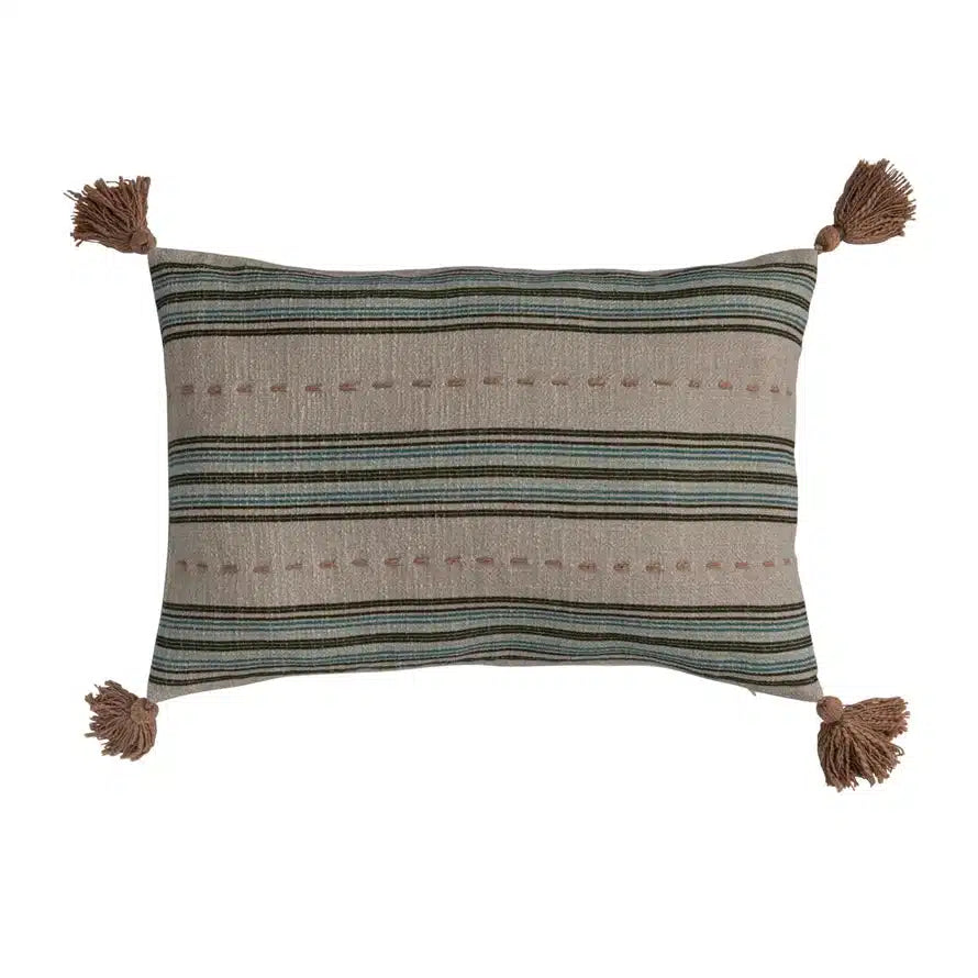 Cotton Slub Printed Lumbar Pillow w/ Hand-Embroidered Stripes & Tassels