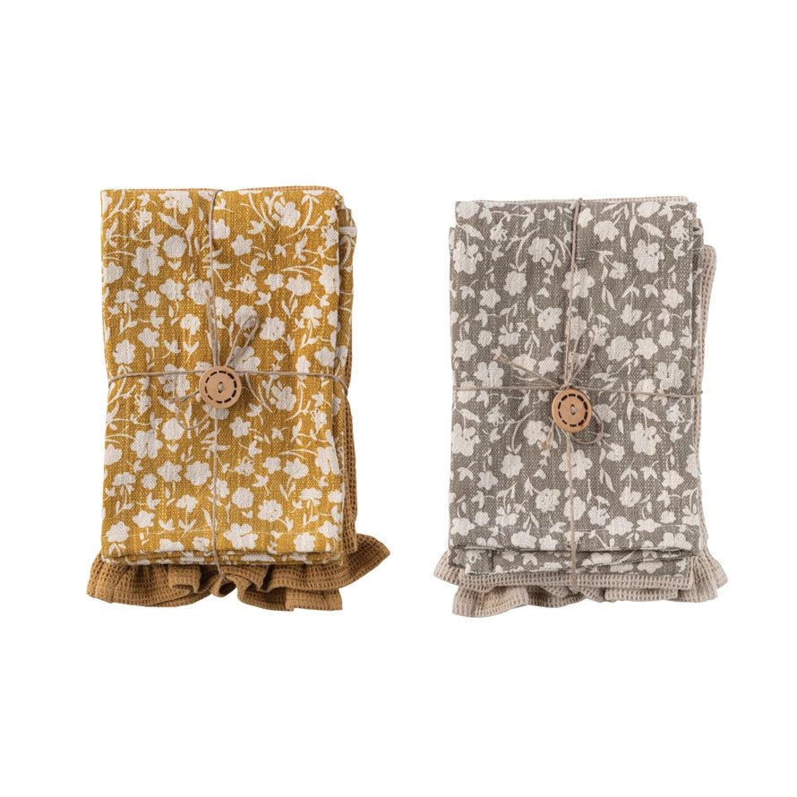 Cotton Slub Printed & Cotton Waffle Tea Towels w/ Ruffle & Loops