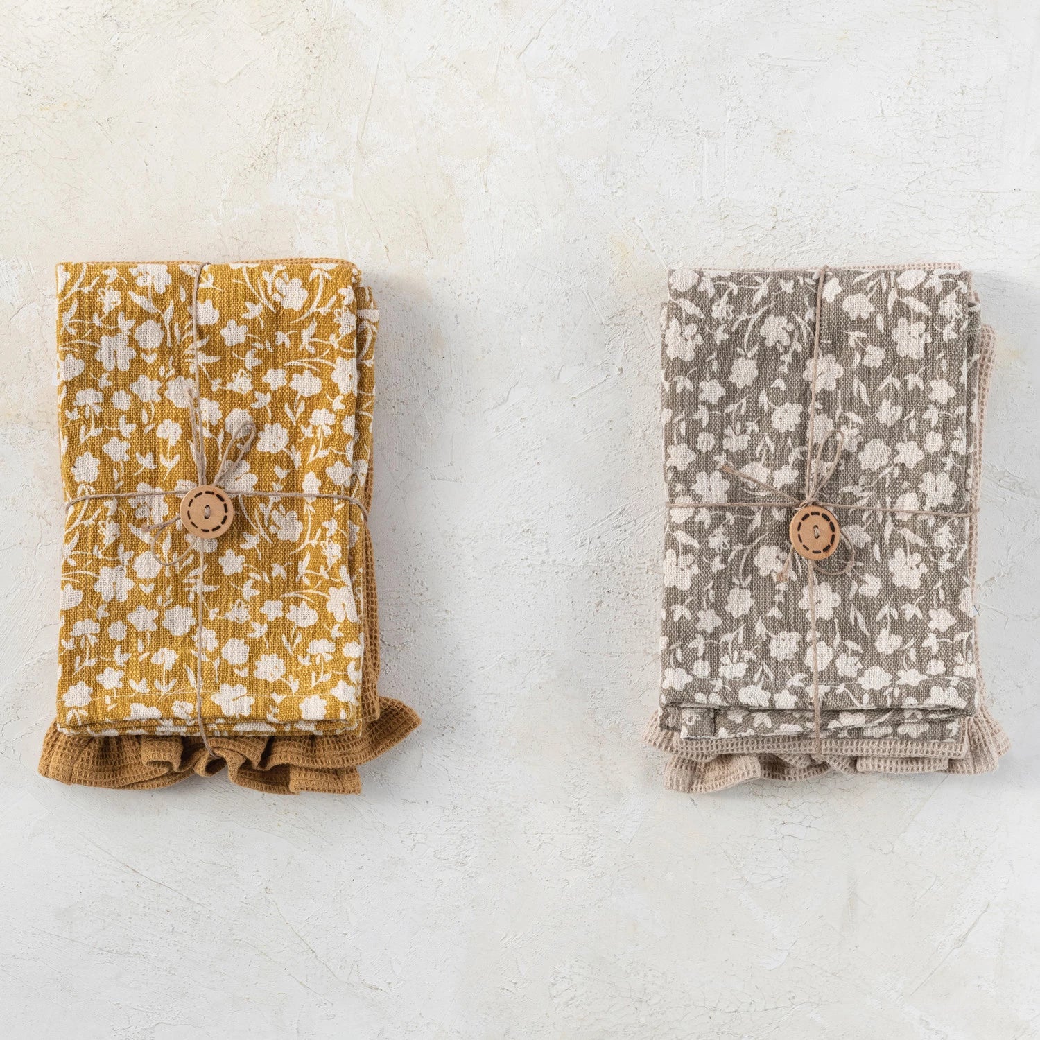 Cotton Slub Printed & Cotton Waffle Tea Towels w/ Ruffle & Loops | Housewarming Seth & Danielle Cunningham