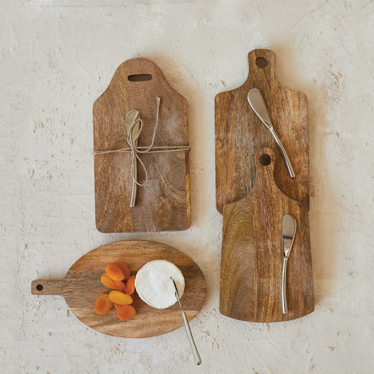 Mango Wood Cheese/Cutting Board w/ Handle & Canape Knife, 4 Styles, Set of 2 | Bridal Shower Maelynn McKinney & Harrison Lee