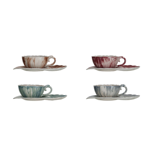 Stoneware Teacup w/ Leaf Shaped Saucer, 4 Colors