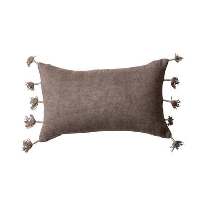 Cotton Velvet Lumbar Pillow w/ Metallic Thread Wrapped Tassels & Linen Back